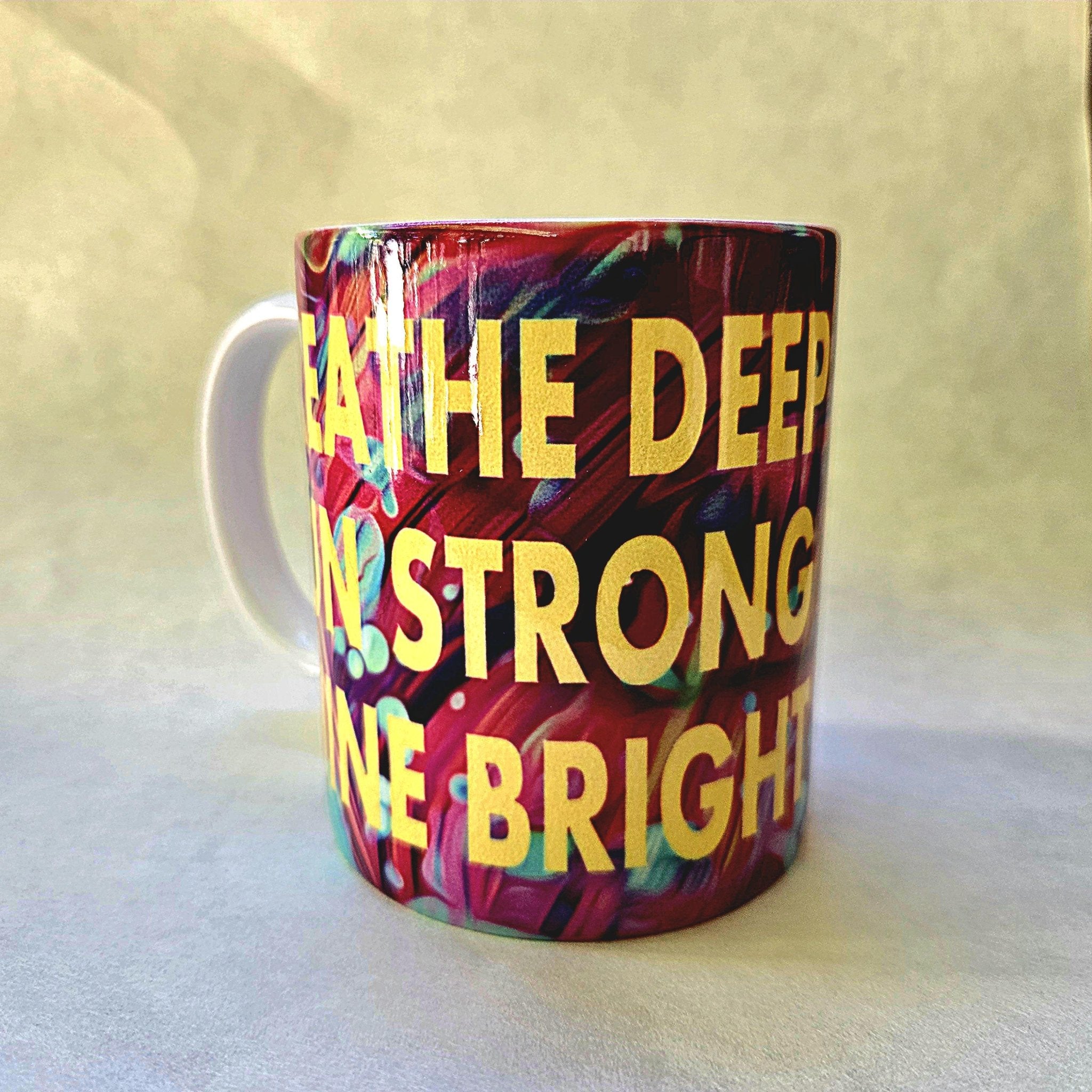 Coffee Quips Crafted Breath Deep Run Strong Shine Bright ceramic coffee mug. Runner gift - Coffee Quips Custom Drinkware