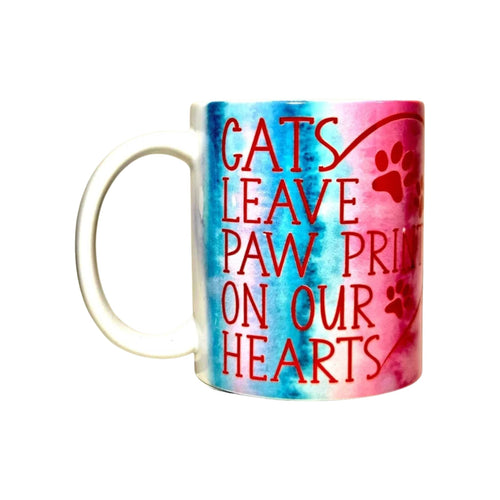 15oz Cat Mug Cats Leave Paw Prints on Our Hearts edition ceramic coffee mug. - Coffee Quips Custom Drinkware