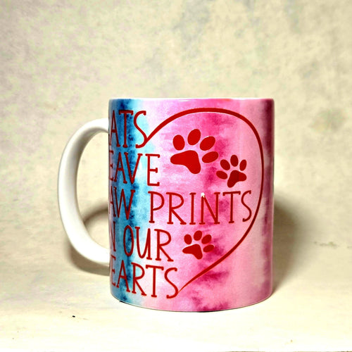 15oz Cat Mug Cats Leave Paw Prints on Our Hearts edition ceramic coffee mug. - Coffee Quips Custom Drinkware