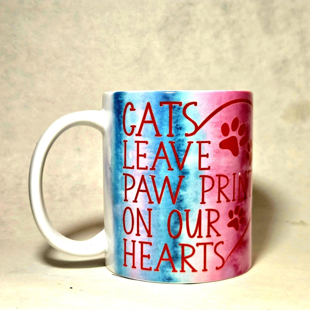 15oz Cat Mug Cats Leave Paw Prints on Our Hearts edition ceramic coffee mug. - Coffee Quips Custom Drinkware
