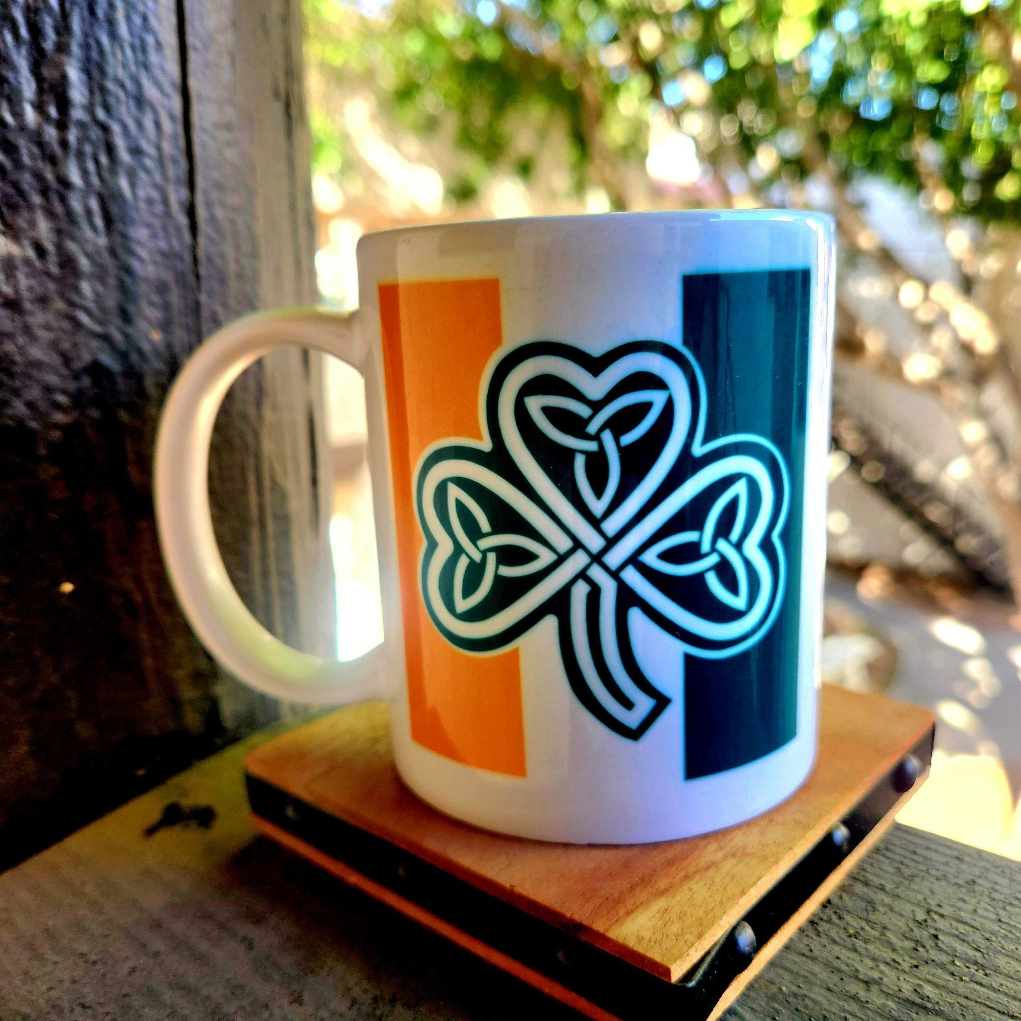 Coffee Quips Crafted Celtic Irish Flag with Shamrock and Trinity Knot Ceramic Coffee Mug - Coffee Quips Custom Drinkware