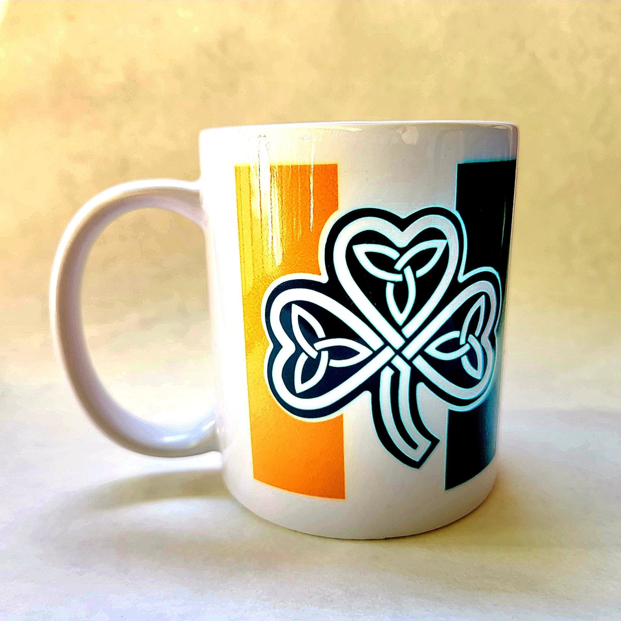 Coffee Quips Crafted Celtic Irish Flag with Shamrock and Trinity Knot Ceramic Coffee Mug - Coffee Quips Custom Drinkware
