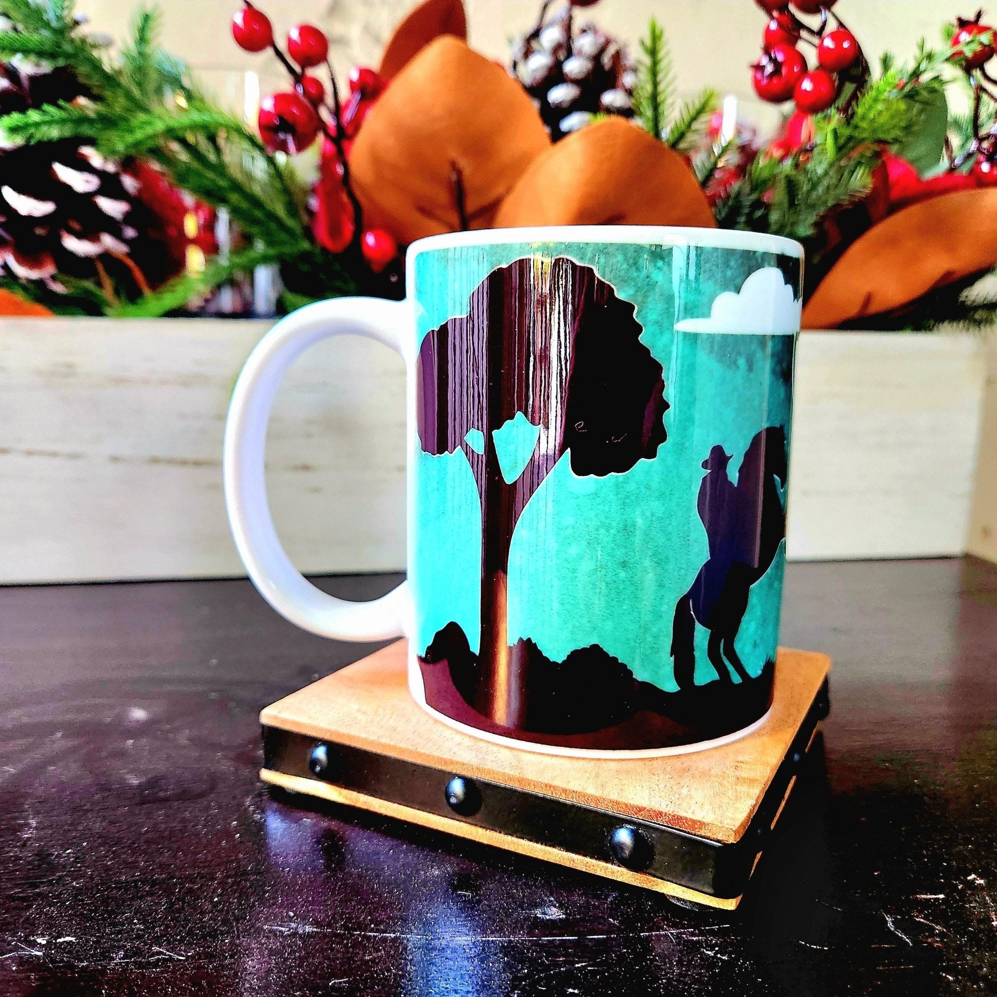 Coffee Quips Crafted Cowboy n Cowgirl horses starry moonlight night ceramic coffee mug - Coffee Quips Custom Drinkware