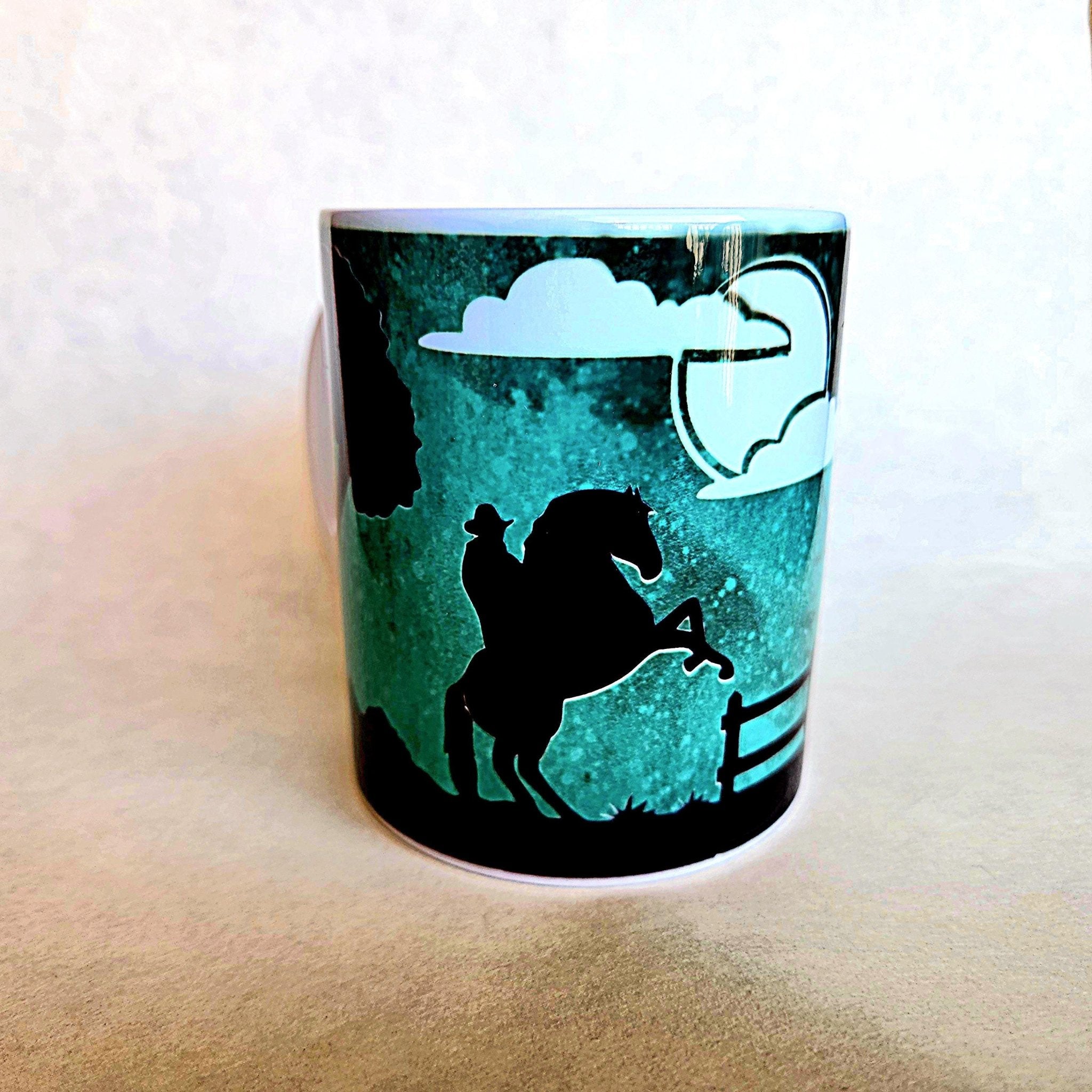 Coffee Quips Crafted Cowboy n Cowgirl horses starry moonlight night ceramic coffee mug - Coffee Quips Custom Drinkware