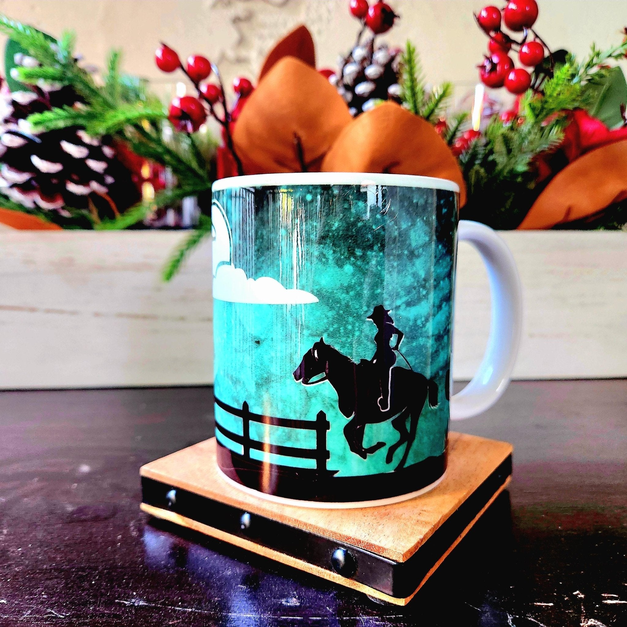 Coffee Quips Crafted Cowboy n Cowgirl horses starry moonlight night ceramic coffee mug - Coffee Quips Custom Drinkware