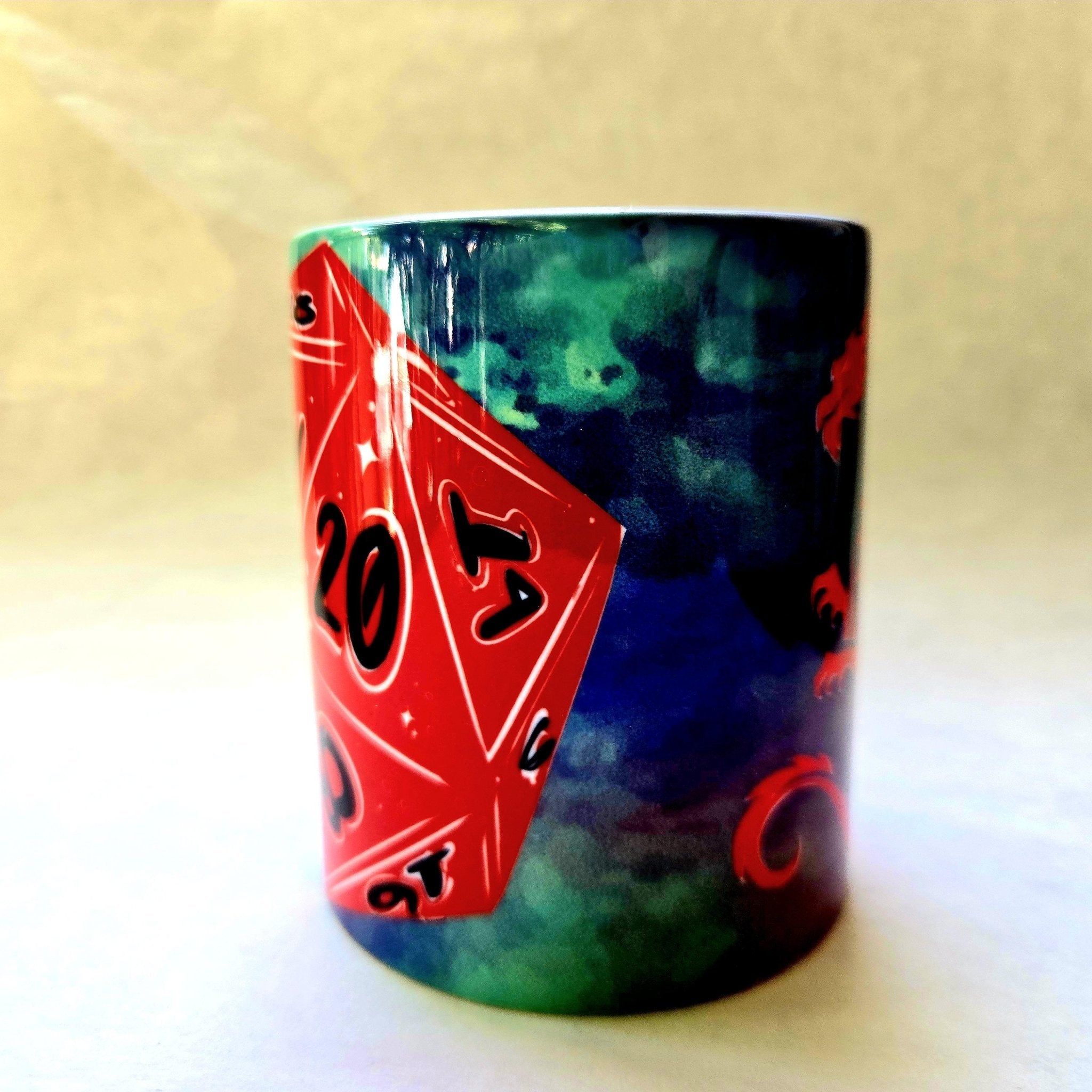 Coffee Quips Crafted D20 Dice with Mystic Dragon Ceramic Coffee Mug - Coffee Quips Custom Drinkware