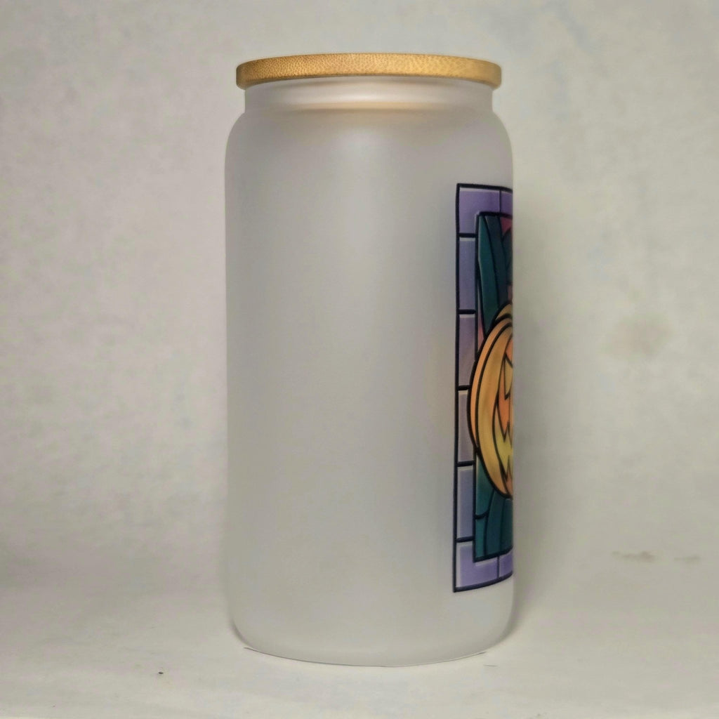 Coffee Quips Crafted Halloween Jack O Lantern pumpkin Stained Glass Glass Tumbler - Coffee Quips Custom Drinkware