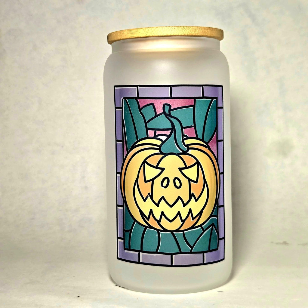 Coffee Quips Crafted Halloween Jack O Lantern pumpkin Stained Glass Glass Tumbler - Coffee Quips Custom Drinkware