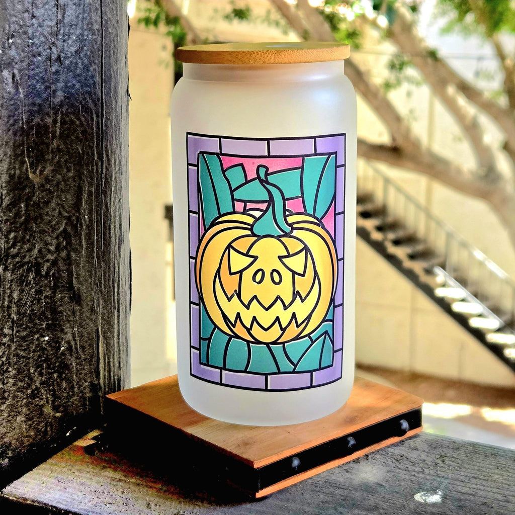 Coffee Quips Crafted Halloween Jack O Lantern pumpkin Stained Glass Glass Tumbler - Coffee Quips Custom Drinkware
