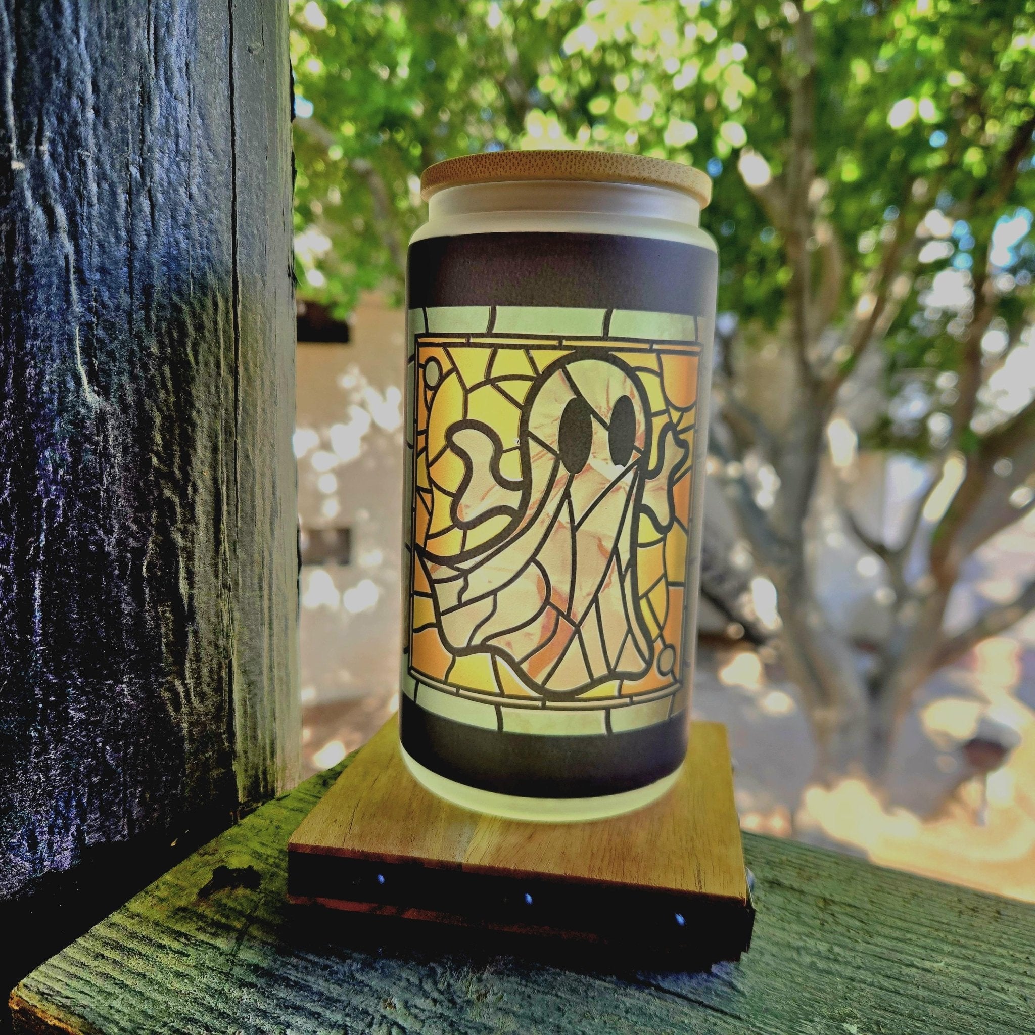 Coffee Quips Crafted Halloween Spooky Ghost haunting Stain Glass looking Glass Tumbler - Coffee Quips Custom Drinkware