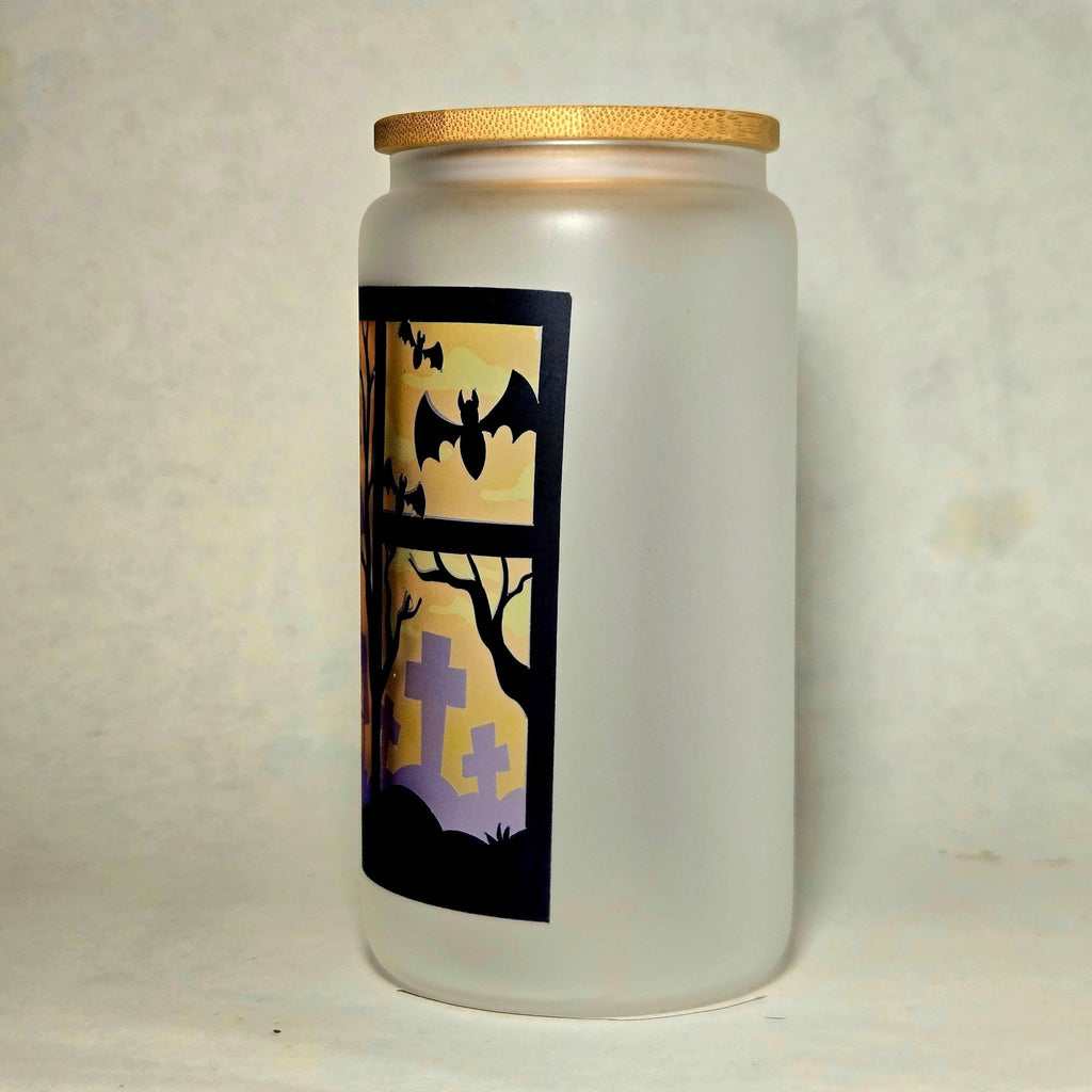 Coffee Quips Crafted Halloween Spooky Haunted House Window Glass Tumbler - Coffee Quips Custom Drinkware