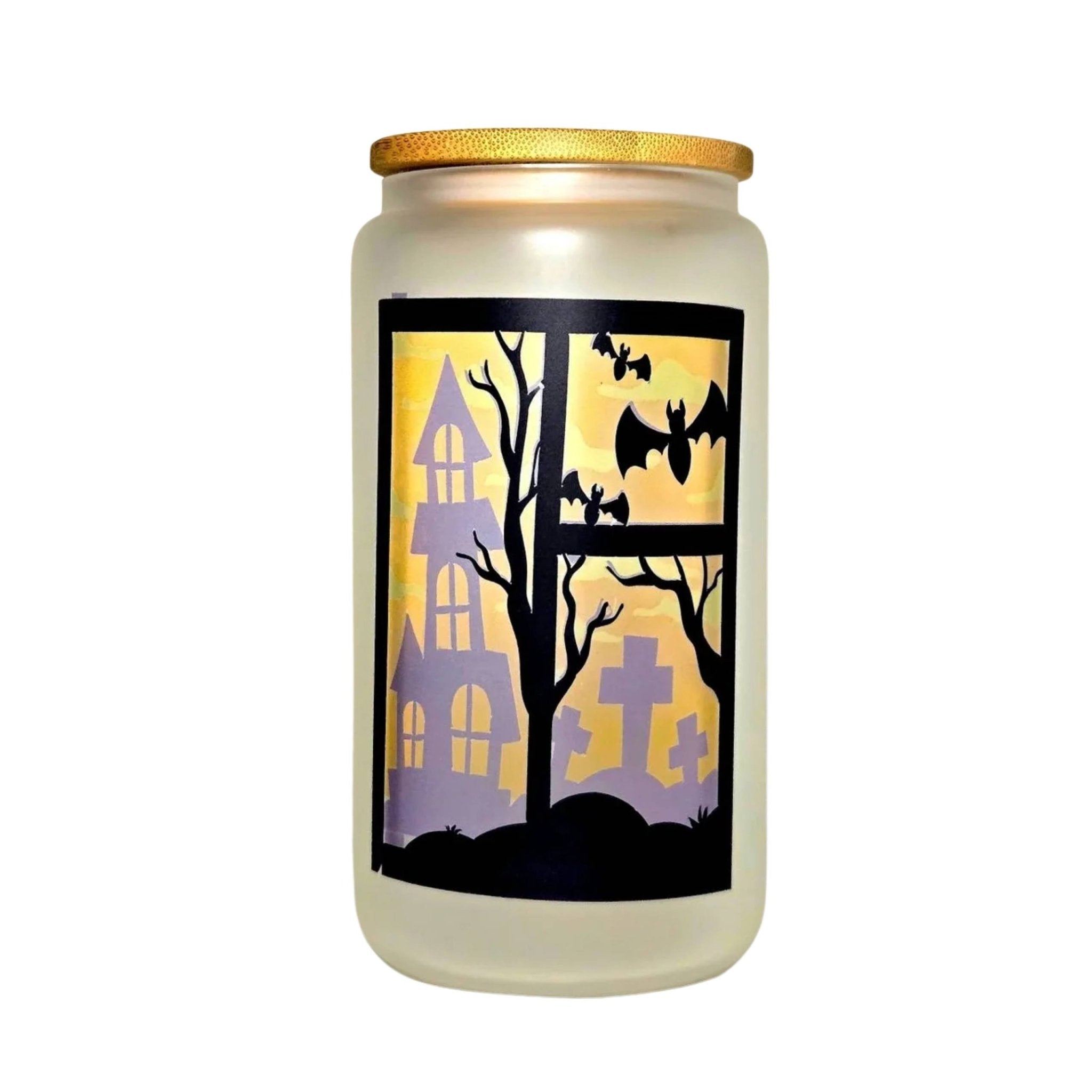 Coffee Quips Crafted Halloween Spooky Haunted House Window Glass Tumbler - Coffee Quips Custom Drinkware