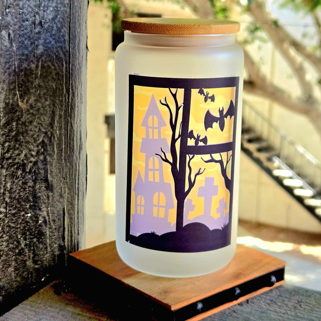 Coffee Quips Crafted Halloween Spooky Haunted House Window Glass Tumbler - Coffee Quips Custom Drinkware