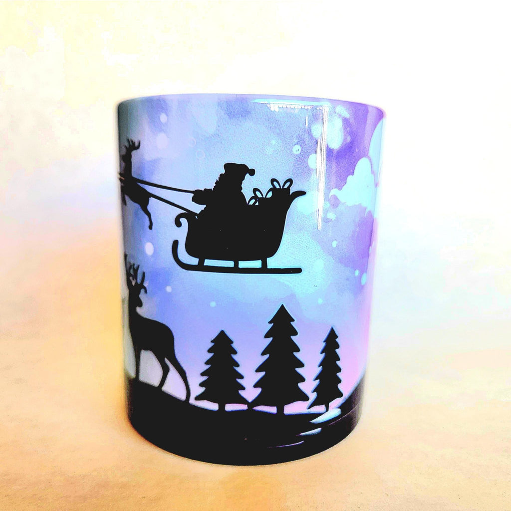 Santa and his sleigh in the Northern Lights 12oz ceramic coffee mug - Coffee Quips Custom Drinkware