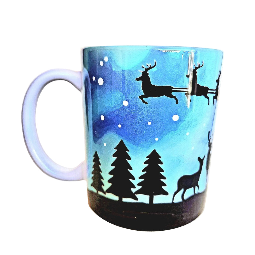 Santa and his sleigh in the Northern Lights 12oz ceramic coffee mug - Coffee Quips Custom Drinkware