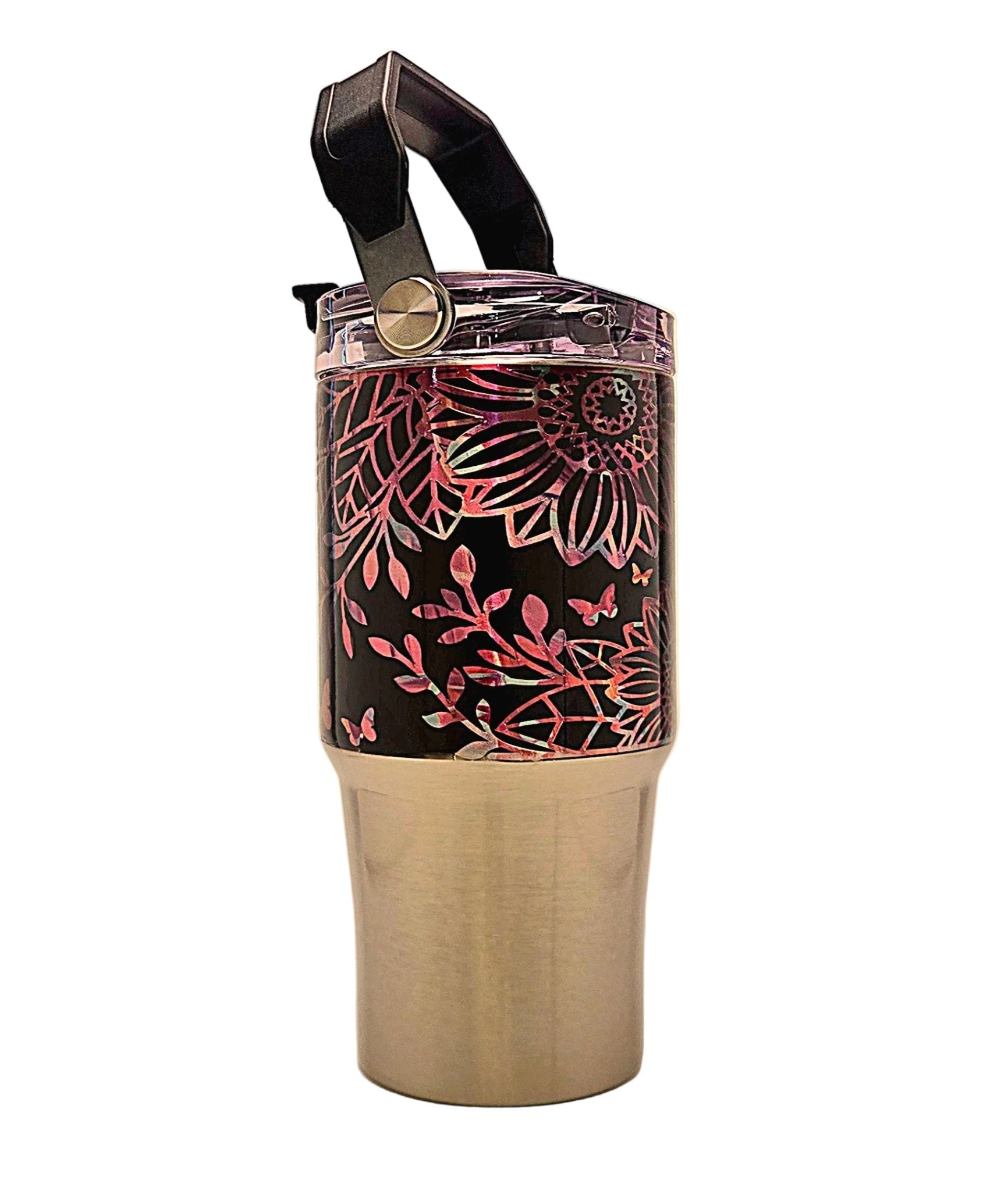 Cute Floral 20oz Stainless Tumbler with carrying handle with tri - sip lid - Coffee Quips Custom Drinkware