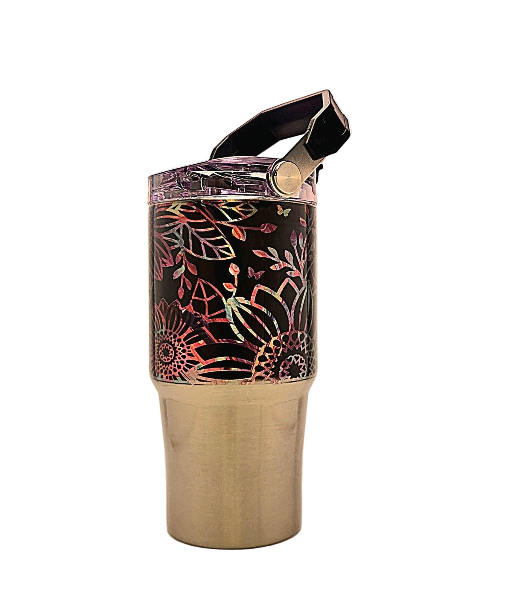 Cute Floral 20oz Stainless Tumbler with carrying handle with tri - sip lid - Coffee Quips Custom Drinkware