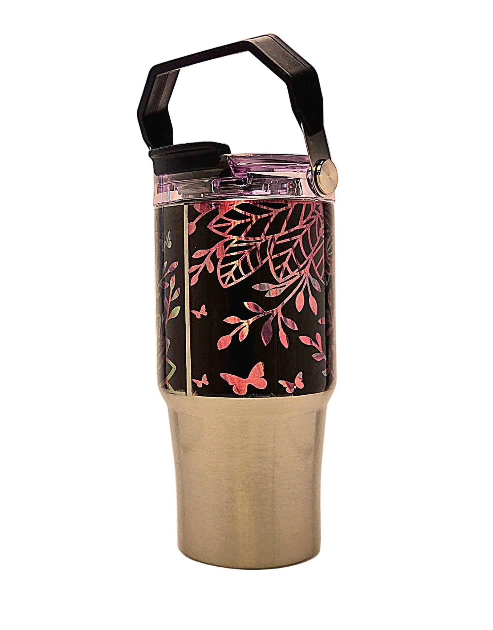 Cute Floral 20oz Stainless Tumbler with carrying handle with tri - sip lid - Coffee Quips Custom Drinkware