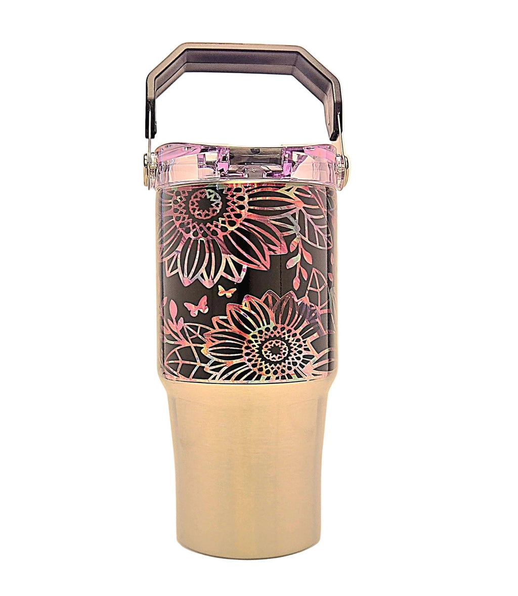 Cute Floral 20oz Stainless Tumbler with carrying handle with tri - sip lid - Coffee Quips Custom Drinkware