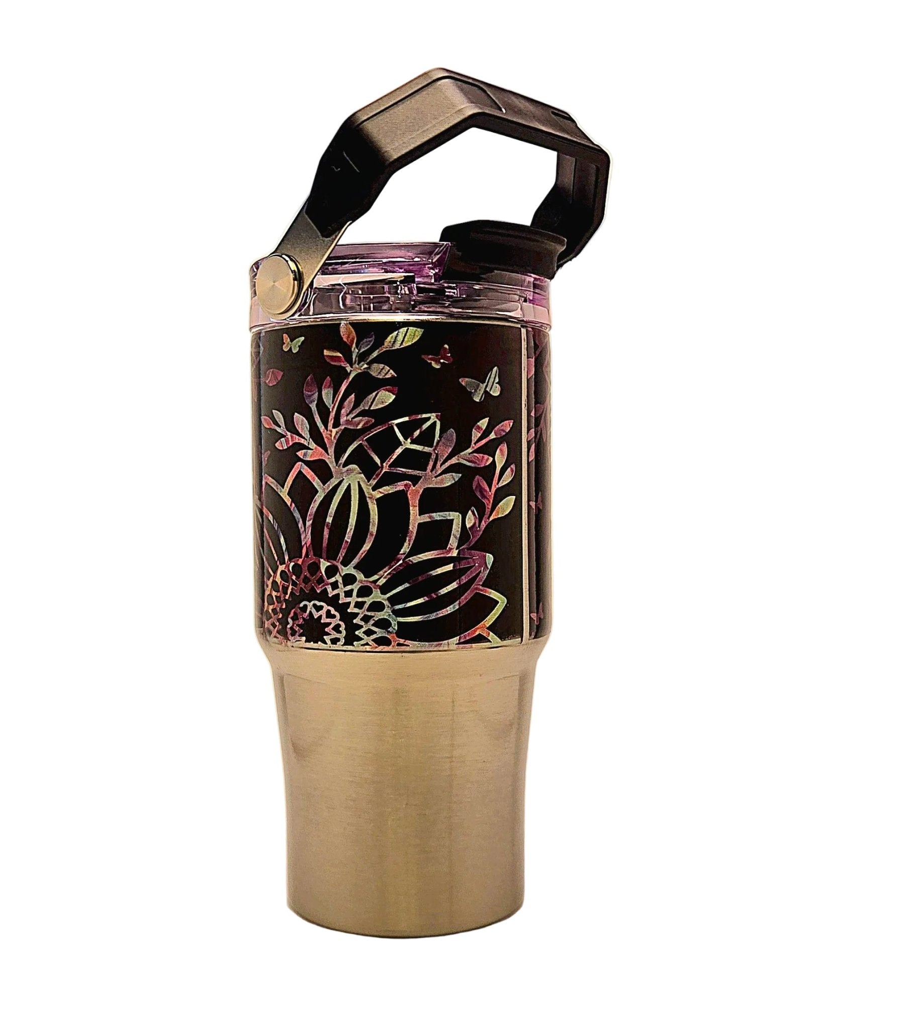 Cute Floral 20oz Stainless Tumbler with carrying handle with tri - sip lid - Coffee Quips Custom Drinkware