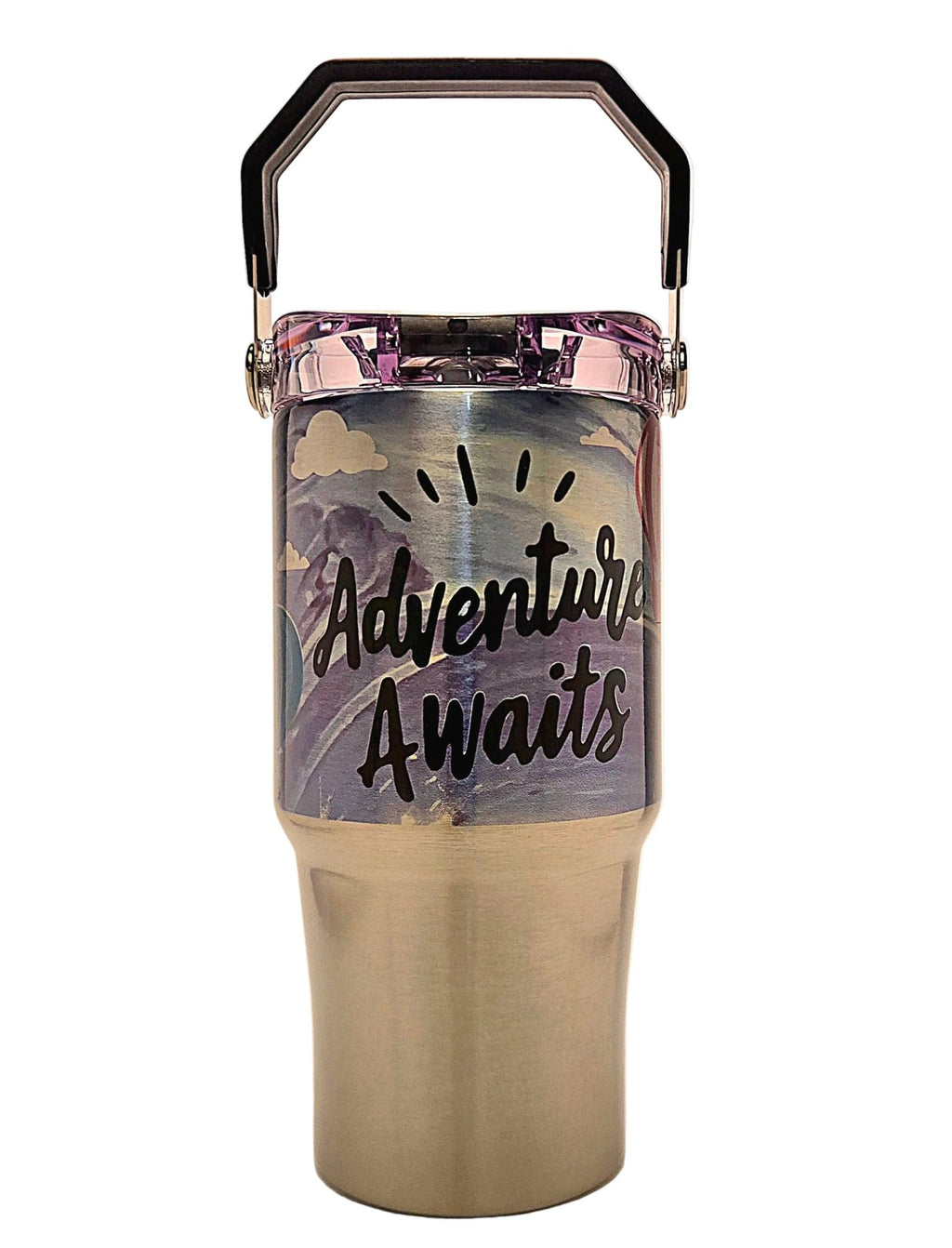 Cute outdoors adventure hot air balloons Stainless Tumbler with a handle and tri sip lid - Coffee Quips Custom Drinkware