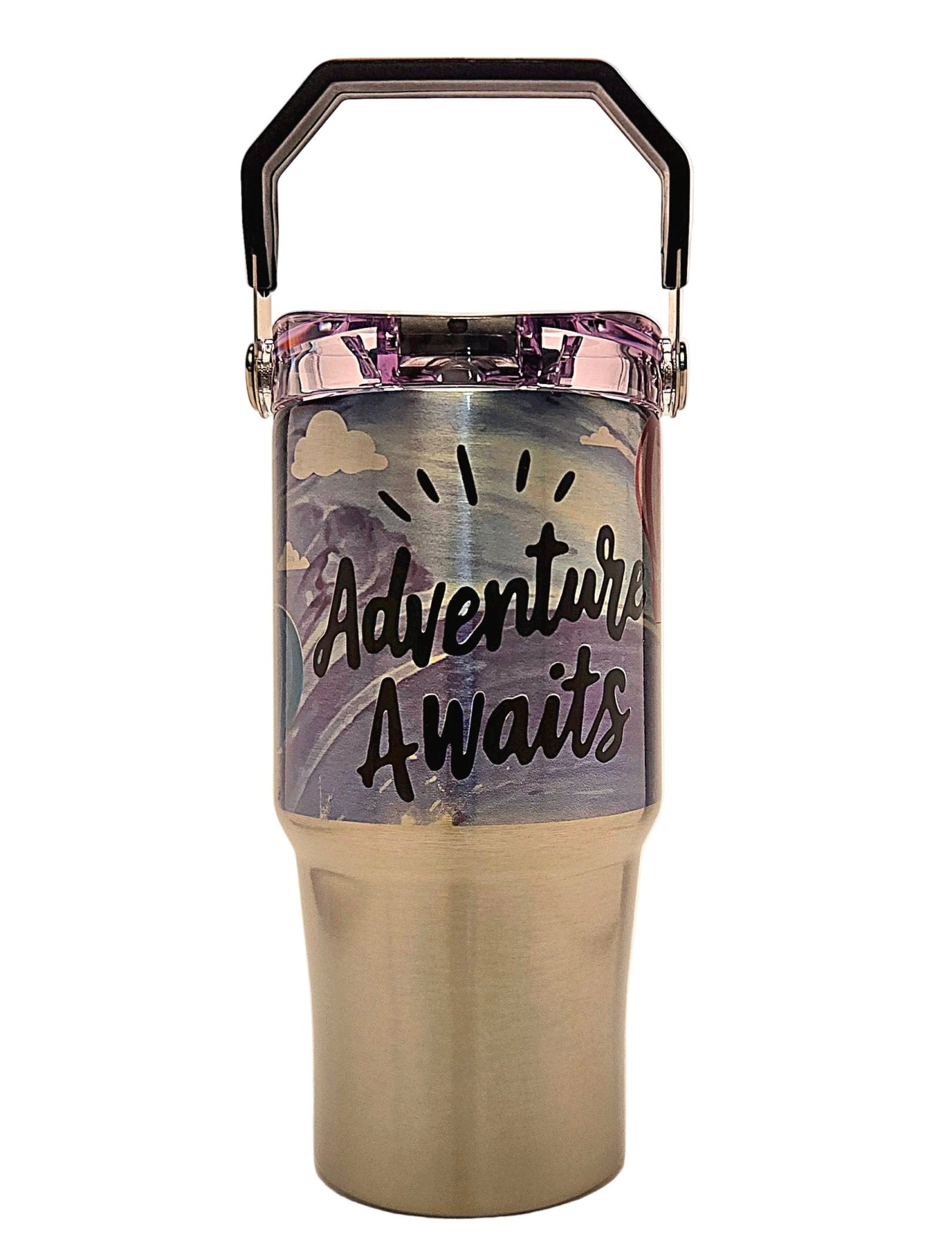 Cute outdoors adventure hot air balloons Stainless Tumbler with a handle and tri sip lid - Coffee Quips Custom Drinkware