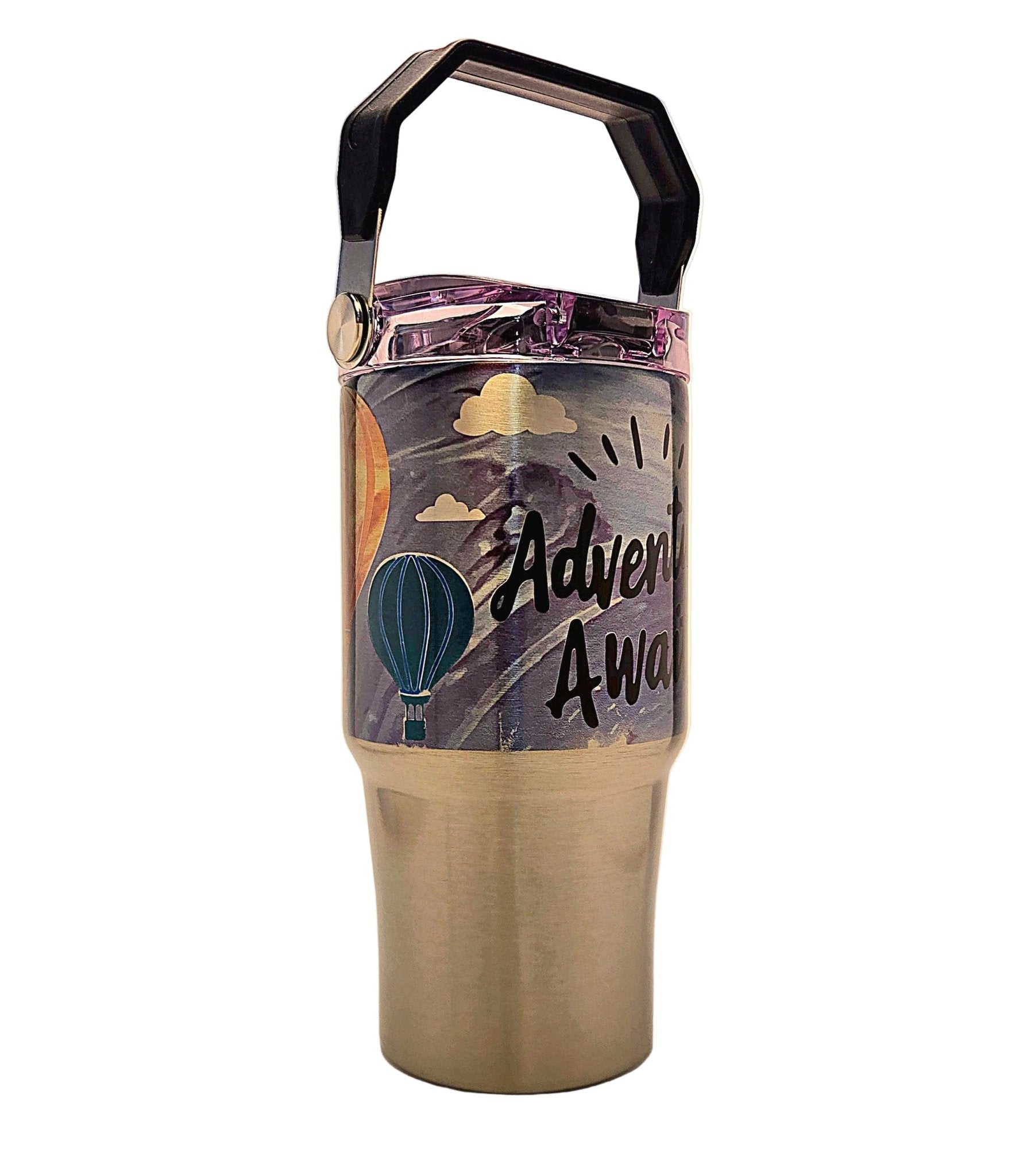 Cute outdoors adventure hot air balloons Stainless Tumbler with a handle and tri sip lid - Coffee Quips Custom Drinkware