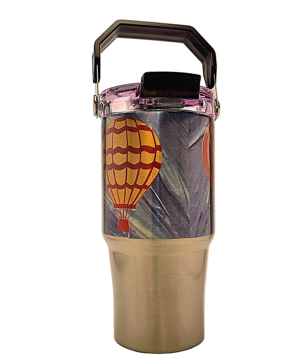 Cute outdoors adventure hot air balloons Stainless Tumbler with a handle and tri sip lid - Coffee Quips Custom Drinkware