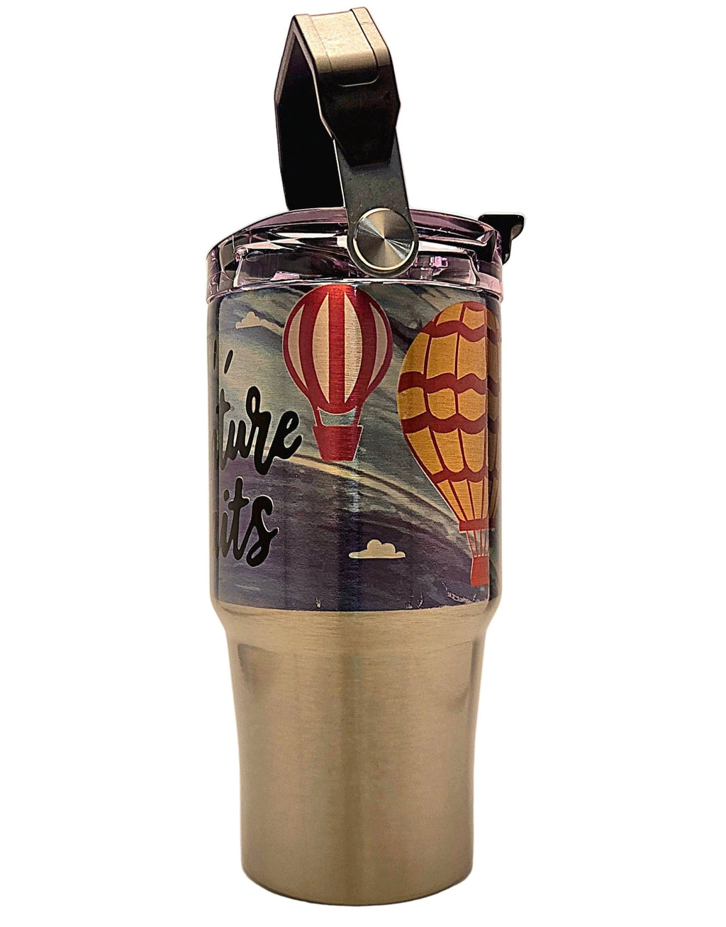 Cute outdoors adventure hot air balloons Stainless Tumbler with a handle and tri sip lid - Coffee Quips Custom Drinkware