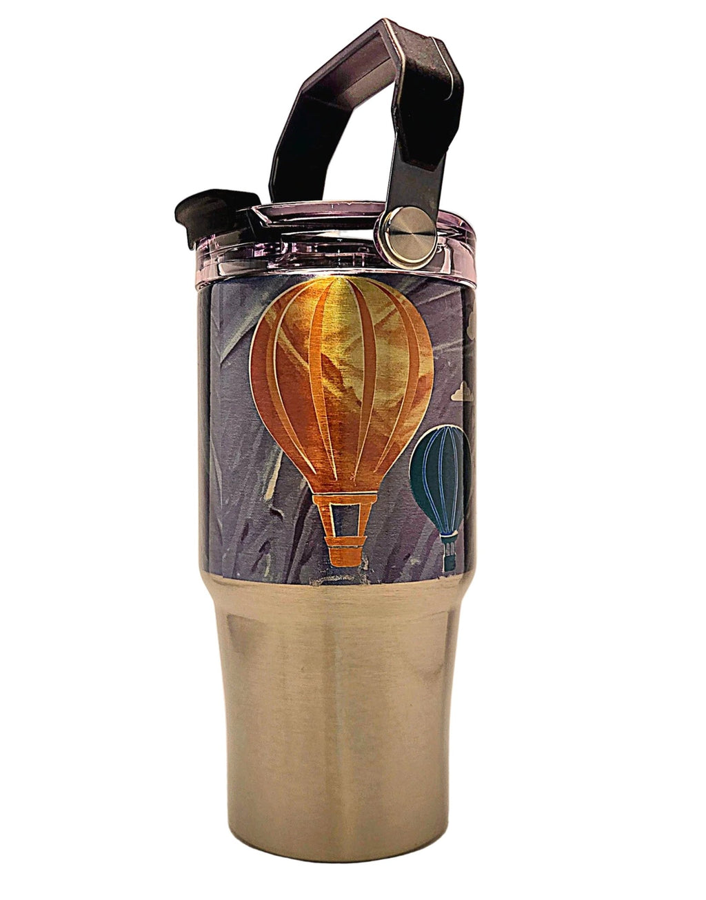 Cute outdoors adventure hot air balloons Stainless Tumbler with a handle and tri sip lid - Coffee Quips Custom Drinkware