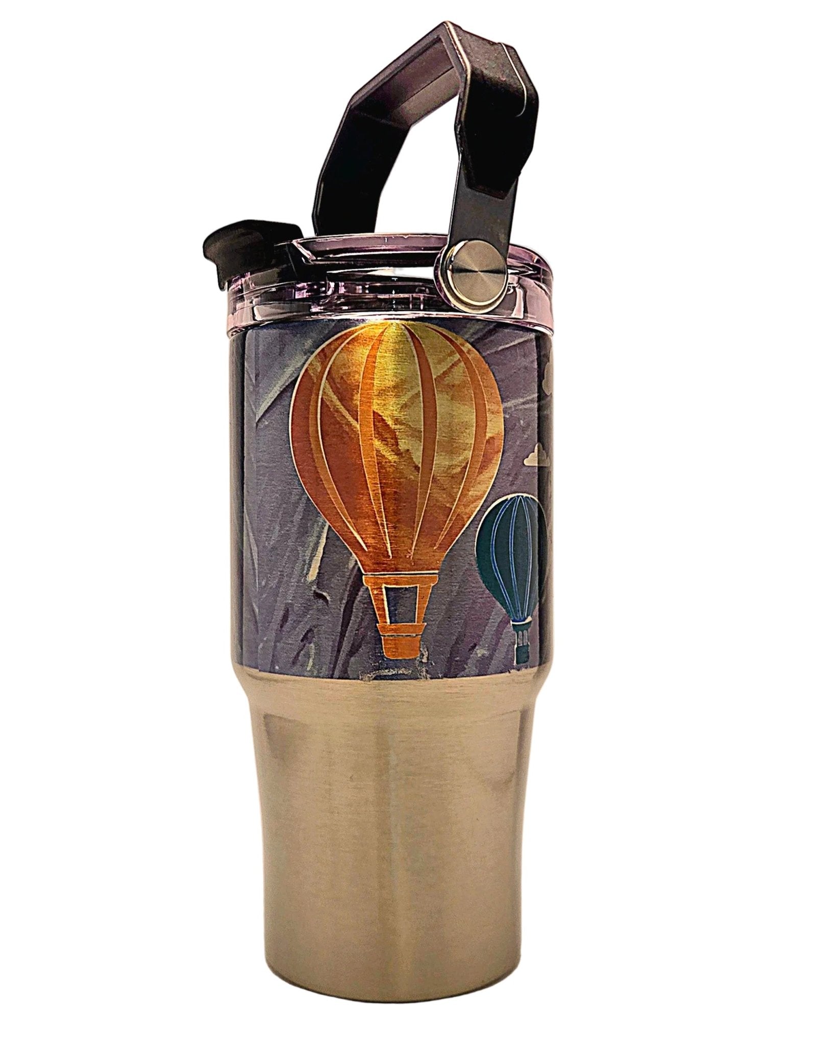 Cute outdoors adventure hot air balloons Stainless Tumbler with a handle and tri sip lid - Coffee Quips Custom Drinkware