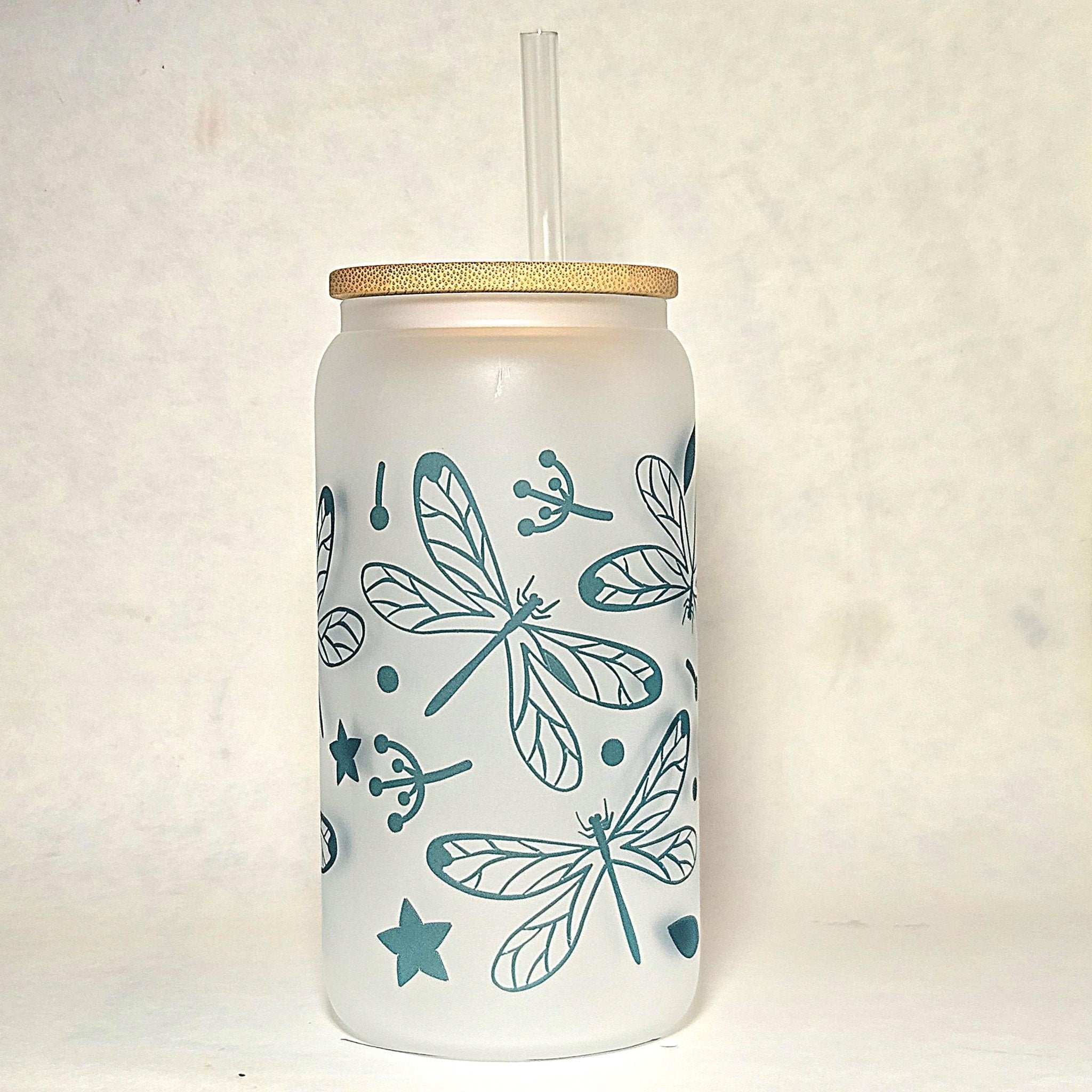 Dragonfly Glass Can Tumbler with Straw: Coffee Quips Design - Coffee Quips Custom Drinkware