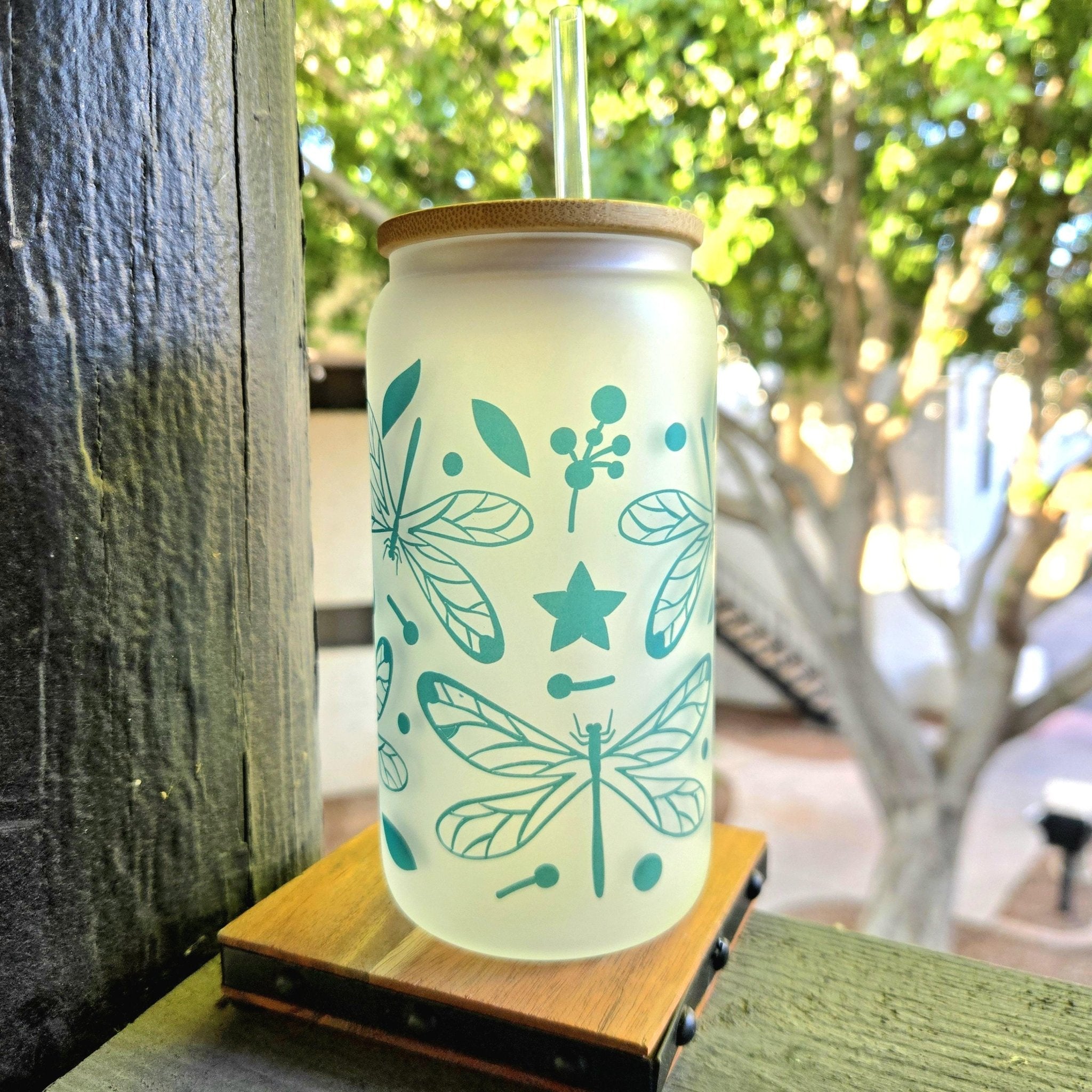 Dragonfly Glass Can Tumbler with Straw: Coffee Quips Design - Coffee Quips Custom Drinkware