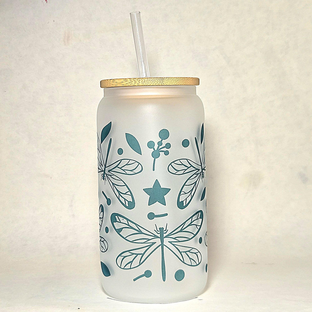 Dragonfly Glass Can Tumbler with Straw: Coffee Quips Design - Coffee Quips Custom Drinkware
