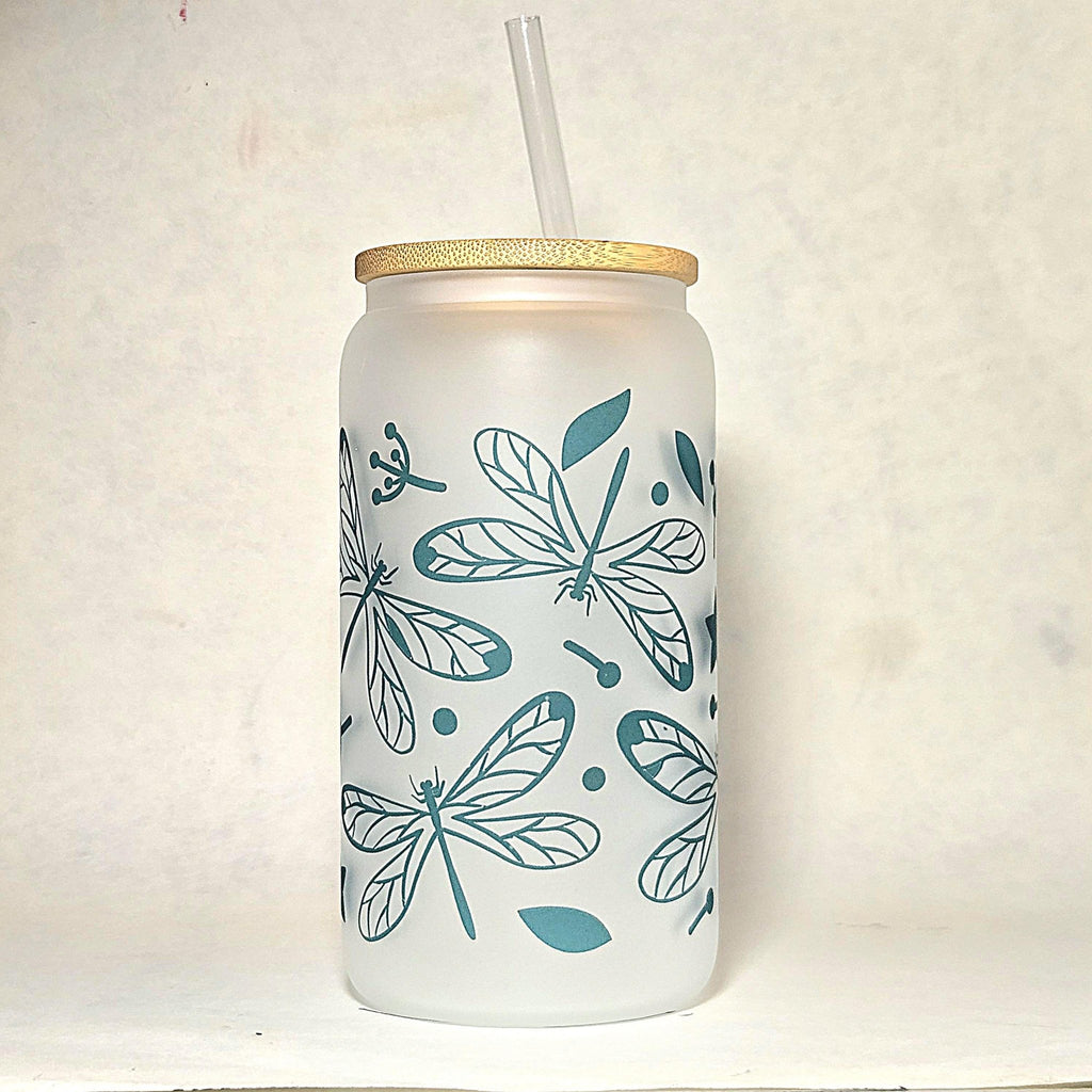 Dragonfly Glass Can Tumbler with Straw: Coffee Quips Design - Coffee Quips Custom Drinkware