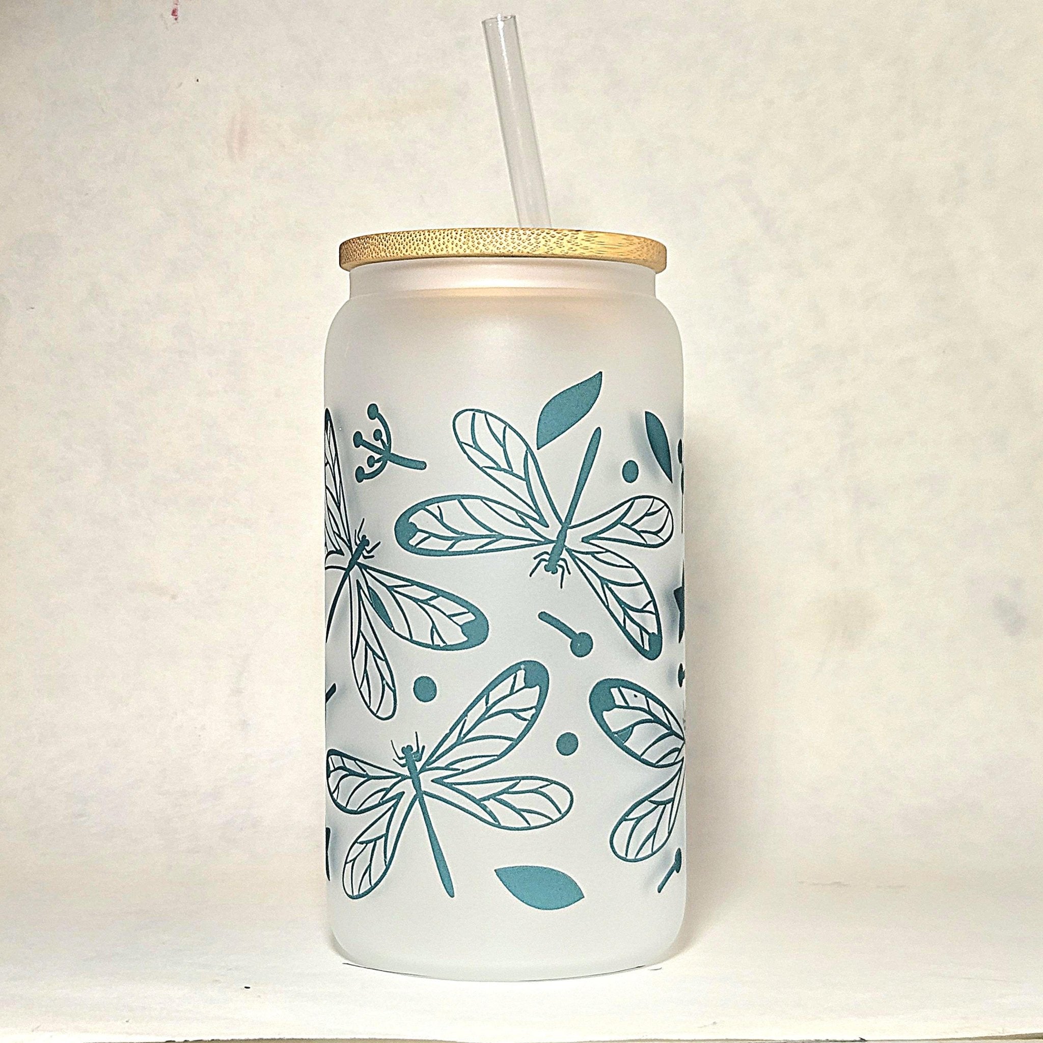 Dragonfly Glass Can Tumbler with Straw: Coffee Quips Design - Coffee Quips Custom Drinkware