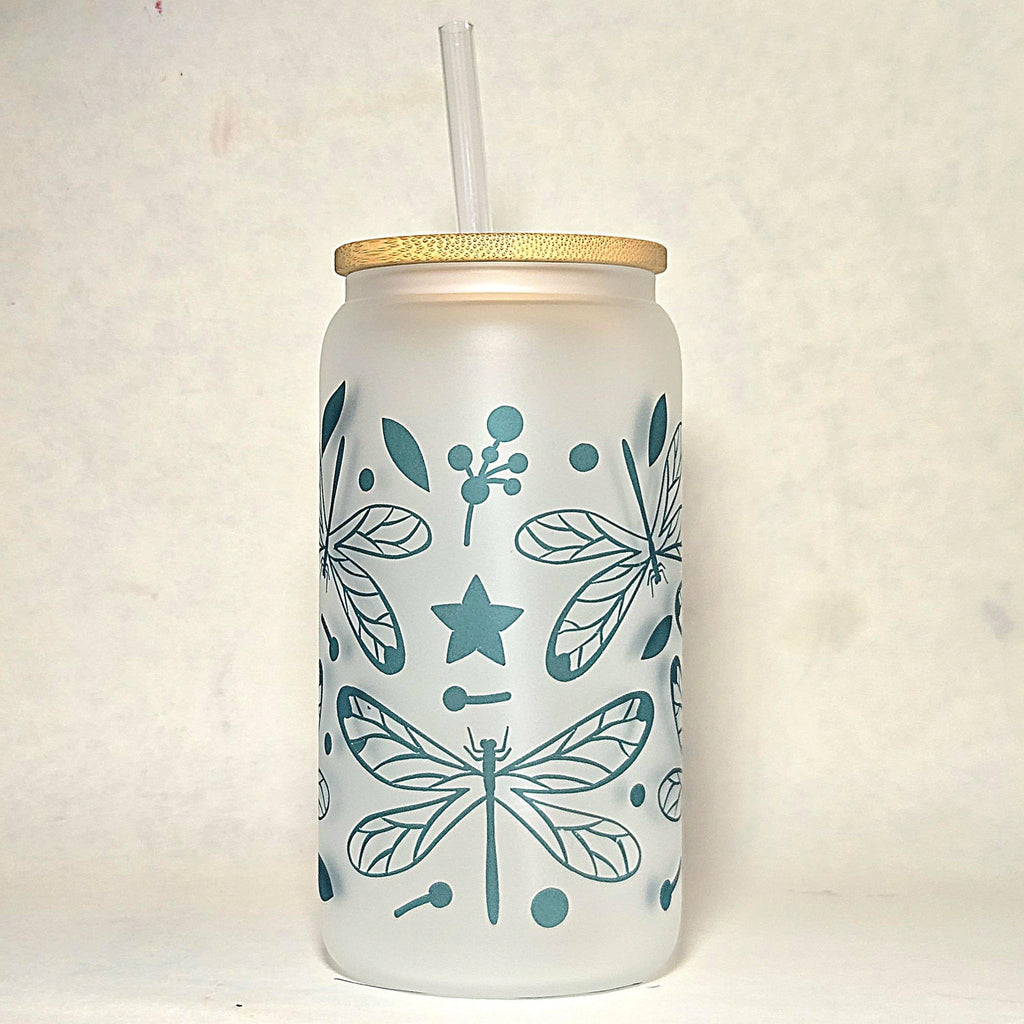 Dragonfly Glass Can Tumbler with Straw: Coffee Quips Design - Coffee Quips Custom Drinkware