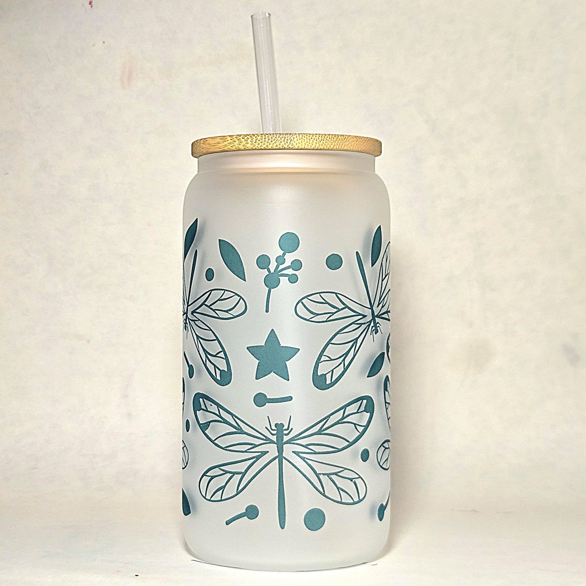 Dragonfly Glass Can Tumbler with Straw: Coffee Quips Design - Coffee Quips Custom Drinkware