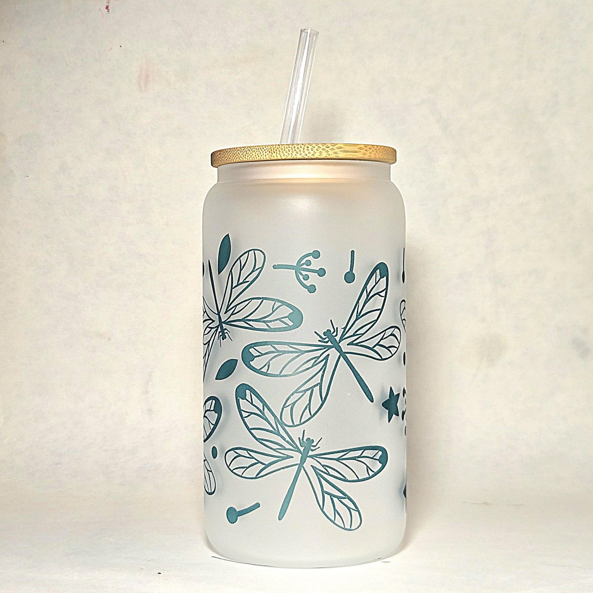 Dragonfly Glass Can Tumbler with Straw: Coffee Quips Design - Coffee Quips Custom Drinkware