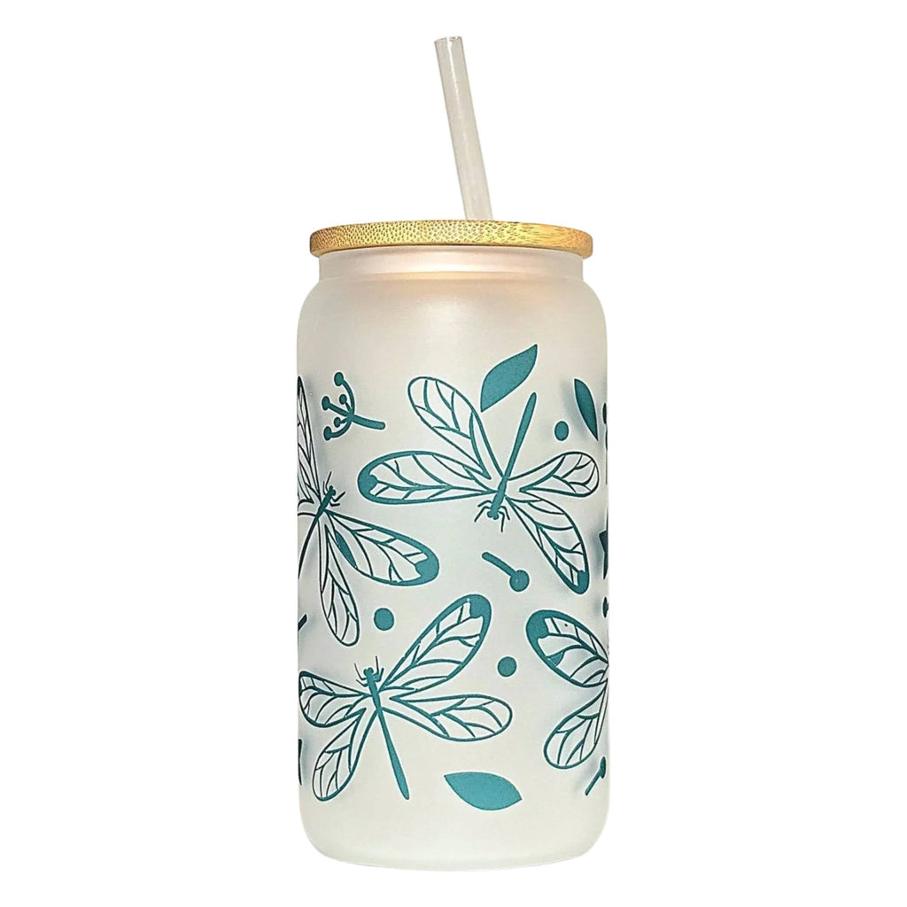 Dragonfly Glass Can Tumbler with Straw: Coffee Quips Design - Coffee Quips Custom Drinkware