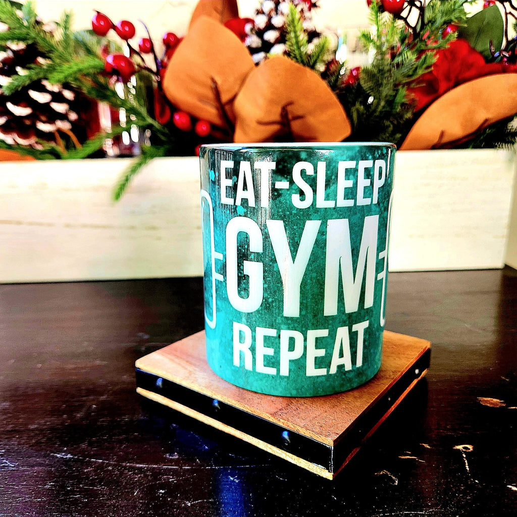 12oz Eat Sleep Gym Repeat edition ceramic coffee mug: Fitness Motivation - Coffee Quips Custom Drinkware