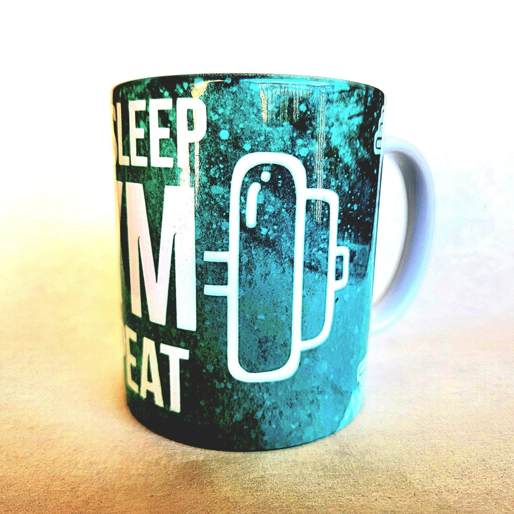 12oz Eat Sleep Gym Repeat edition ceramic coffee mug: Fitness Motivation - Coffee Quips Custom Drinkware