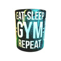 12oz Eat Sleep Gym Repeat edition ceramic coffee mug: Fitness Motivation - Coffee Quips Custom Drinkware