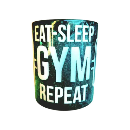 12oz Eat Sleep Gym Repeat edition ceramic coffee mug: Fitness Motivation - Coffee Quips Custom Drinkware