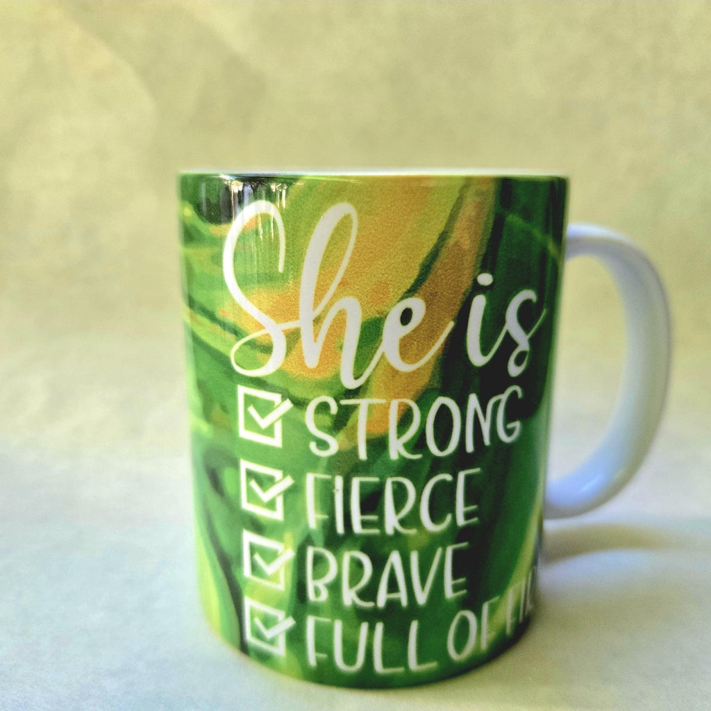 12oz Empowering Ceramic Coffee Mug: Strong, Fierce, Brave, and Full of Fire - Coffee Quips Custom Drinkware