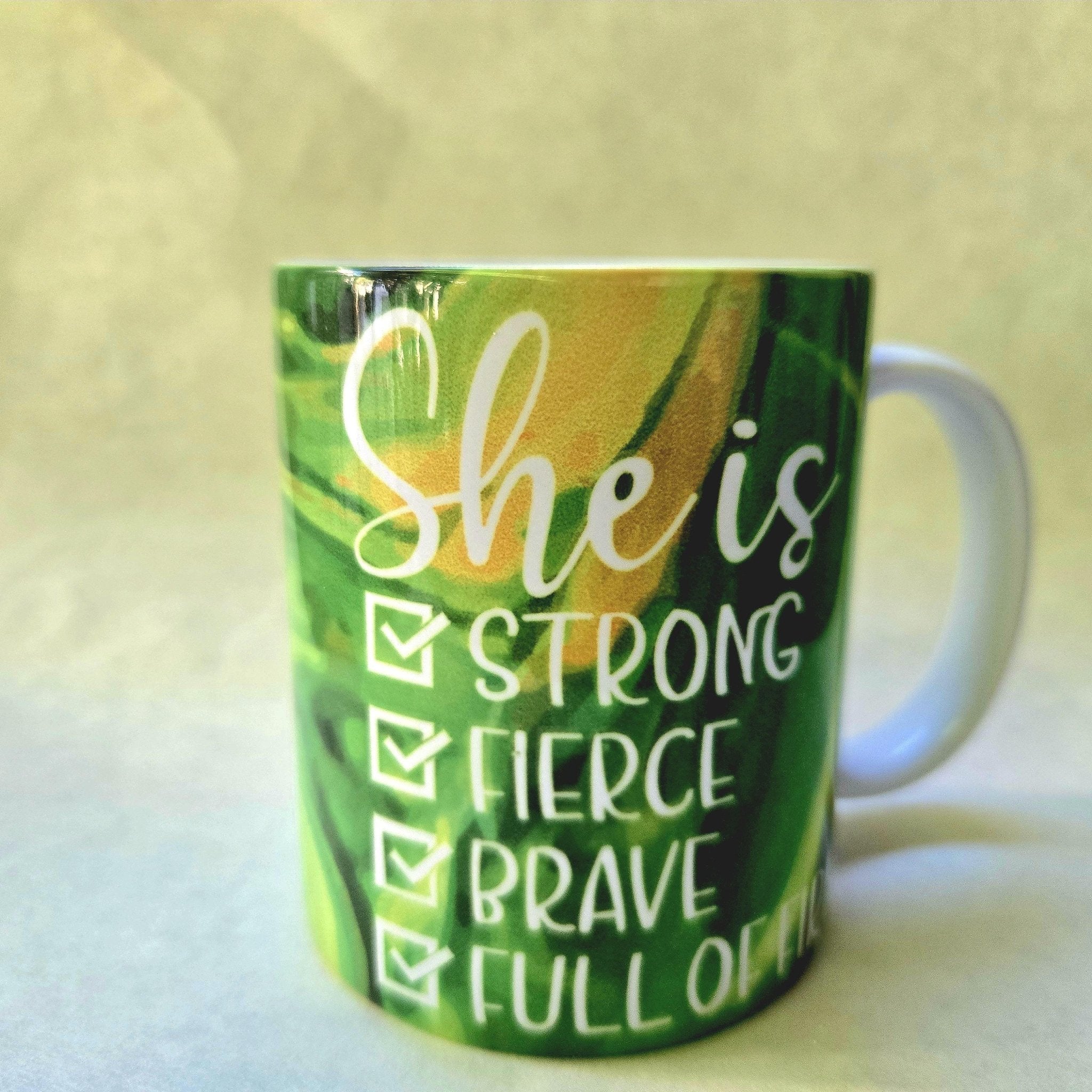 12oz Empowering Ceramic Coffee Mug: Strong, Fierce, Brave, and Full of Fire - Coffee Quips Custom Drinkware