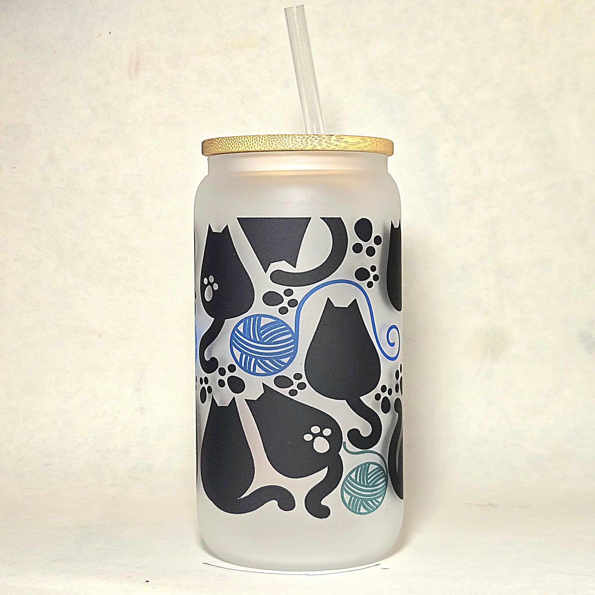 16oz Fat Cats Chasing Yarn Balls Matte Glass Tumbler - Coffee Quips Custom Drinkware