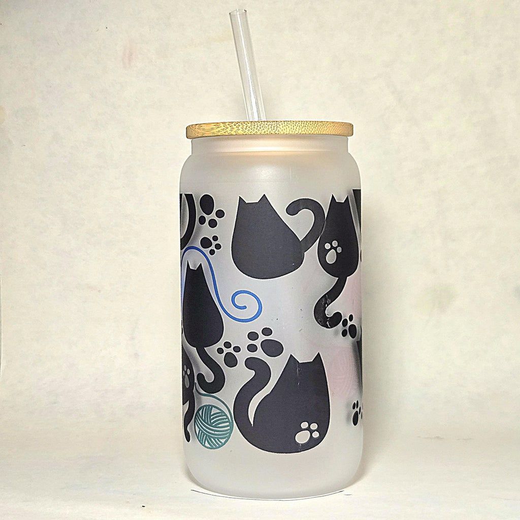 16oz Fat Cats Chasing Yarn Balls Matte Glass Tumbler - Coffee Quips Custom Drinkware