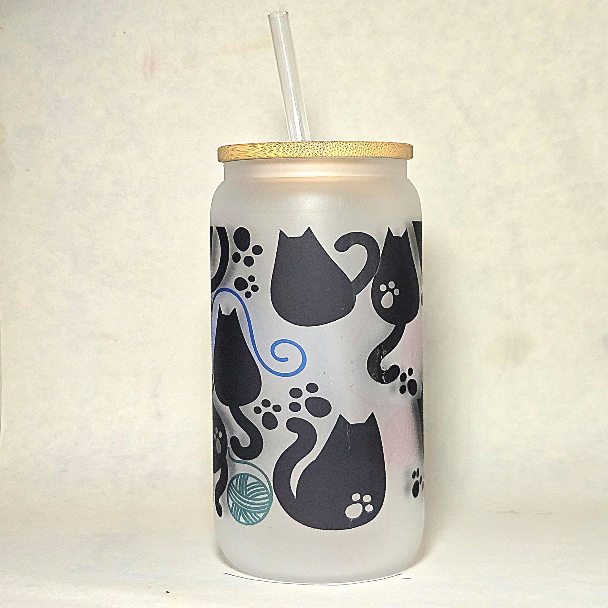 16oz Fat Cats Chasing Yarn Balls Matte Glass Tumbler - Coffee Quips Custom Drinkware