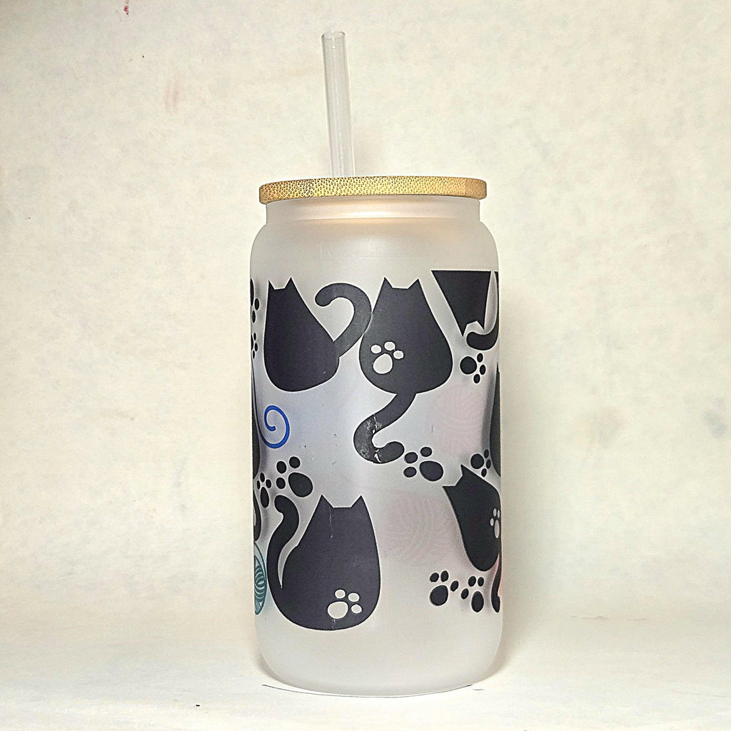 16oz Fat Cats Chasing Yarn Balls Matte Glass Tumbler - Coffee Quips Custom Drinkware